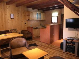 a living room with a table and a kitchen at Villa Aleksandar in Kopaonik