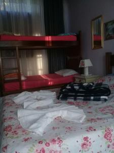 een slaapkamer met 2 stapelbedden en handdoeken op een bed bij Sítio Canoas in Albuquerque