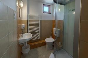 ブダペストにあるAréna Kemping & Vendégházのバスルーム(トイレ、洗面台、シャワー付)