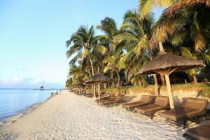 - une plage avec des chaises, des parasols et des palmiers dans l'établissement Luna Blue Residence, à Trou aux Biches