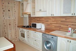 キーウにあるKyivStay Pochaynynska Apartmentのキッチン(洗濯機、電子レンジ付)