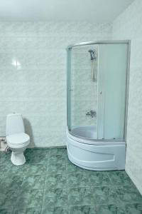a bathroom with a shower and a toilet in it at Nikotel Hotel Mykolaiv in Mykolaiv