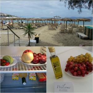 eine Collage mit drei Bildern mit Obst und einem Strand in der Unterkunft Portobelis Apartments in Sitia