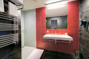 a bathroom with a white sink and red tiles at Hotel Restaurant Darwin in Prague
