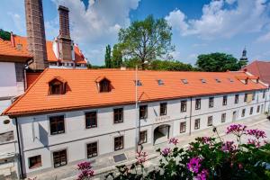 um edifício antigo com um telhado laranja e flores cor-de-rosa em Hotel Restaurant Darwin em Praga