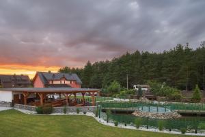 Kolonowskie的住宿－Resort Pod Lasem，一个带池塘和房子的院子的房屋