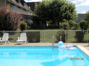 uma piscina com uma jangada no meio dela em Le Relais des 5 Chateaux em Vézac