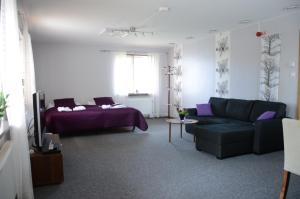 uma sala de estar com um sofá e uma cama em Rum För Resande em Skelleftea