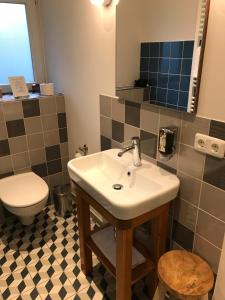 a bathroom with a sink and a toilet at Fischerklause am Lutjensee Hotel Garni in Lütjensee
