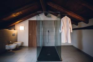 a bathroom with a glass shower with a toilet at Hotel Ultimo Borgo in Settimo Torinese