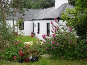 una casa blanca con flores en el patio en Kilcommon Lodge Holiday Hostel, en Belmullet