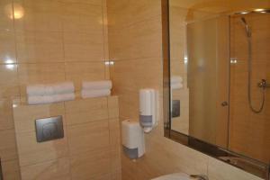 Un baño con ducha, inodoro y espejo. en Villa Anna, en Tarnobrzeg 62 fotos más
