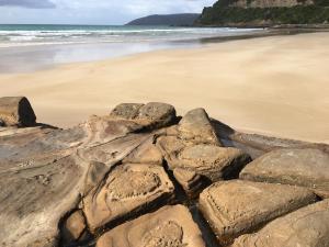 a rocky beach with rocks and a rock wall at Cumberland River Holiday Park in Lorne