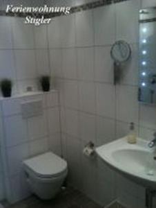 un bagno bianco con un water e un lavandino di Ferienwohnung Stigler a Eisenberg