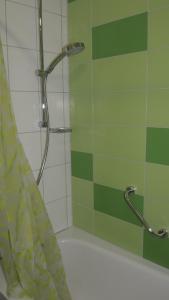 a bathroom with a shower with a green wall at Ferienwohnung Wössner in Oberndorf