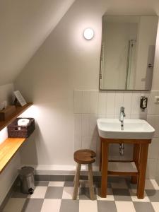 ein Badezimmer mit einem Waschbecken, einem Stuhl und einem Spiegel in der Unterkunft Fischerklause am Lutjensee in Lütjensee