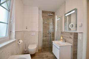 een badkamer met een douche, een toilet en een wastafel bij Villa Strandblick 5 in Zingst +19 foto's