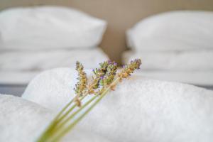 a flower sitting on top of a pile of white towels at Semeli in Kokkari