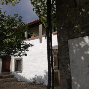 ein weißes Gebäude mit Bäumen davor in der Unterkunft Casa na Quinta de Valinhas in Vitorino dos Piães