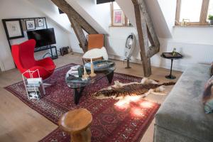 a living room with two cats laying on the floor at Tempor'area Apartment in Antwerp