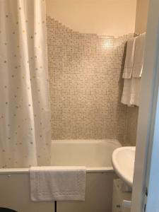 a bathroom with a shower curtain and a tub and a sink at My Home Location in La Chaux-de-Fonds +9 photos