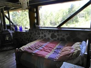 una cama en una habitación con una ventana grande en Manon del Manantial, en El Bolsón