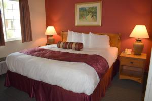 um quarto de hotel com uma cama grande e duas lâmpadas em Baymont by Wyndham Wichita East em Wichita