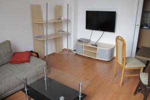 ein Wohnzimmer mit einem Sofa und einem Flachbild-TV in der Unterkunft Johnny's wohnen auf Zeit in Duisburg