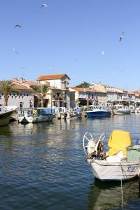 a group of boats docked in a river with houses at Hôtel Restaurant Splendid Camargue in Le Grau-du-Roi