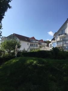 ラウターバッハにあるFerienwohnung Seestern, Villa Vilmblickの芝生の庭のある白い家