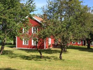 una casa roja con árboles delante de ella en Historisches großes Holzhaus von 1860, Familienferienhof Sörgården 1, Åsenhöga, Granstorp en Granstorp