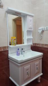 a bathroom with a sink and a mirror at Charming 2 Bedroom Apartment near the City's Biggest Mall in Baku
