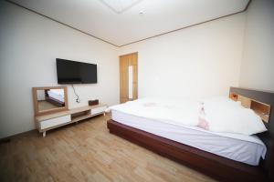 a bedroom with a bed and a flat screen tv at Seongsan Star Pension in Seogwipo