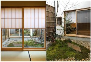une maison avec une fenêtre et un jardin extérieur dans l'établissement HANARé Miyagawacho, à Kyoto