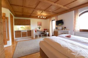 a bedroom with a bed and a desk and a kitchen at Landhaus Trinker in Schladming