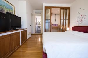 a bedroom with a bed and a flat screen tv at L'ippocampo Guest House in Sabaudia