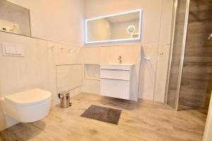 een badkamer met een toilet, een wastafel en een douche bij Villa Strandblick 6 in Zingst +23 foto's
