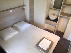 DOMAINE des GRANDS PINS في Tamniès: غرفة صغيرة بها سرير ومغسلة