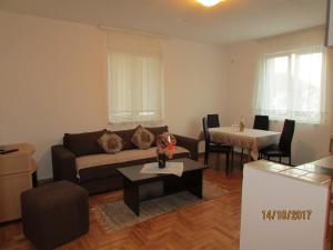 ein Wohnzimmer mit einem Sofa und einem Tisch in der Unterkunft Debora Apartment in Vrnjačka Banja