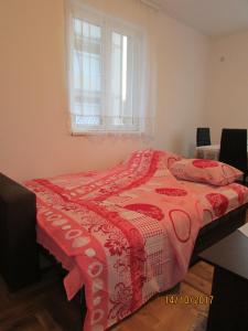 ein Schlafzimmer mit einem Bett mit einer roten Decke in der Unterkunft Debora Apartment in Vrnjačka Banja
