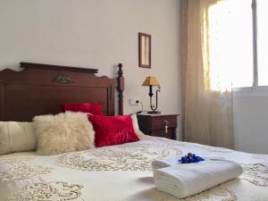 セビリアにあるMagnífico apartamento en el centro de Sevillaのベッド(赤と白の毛布、枕付)