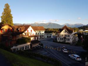 Gasthaus zum Ochsen في Neuhaus: اطلاله على شارع في مدينه بها مباني