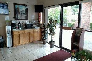 eine Küche mit einem Kühlschrank und einem Tisch mit einer Pflanze in der Unterkunft Motel Puyallup in Puyallup