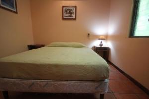 ノサラにあるNosara Paradise Rentalsのベッドルーム1室(ベッド1台、緑の掛け布団、窓付)