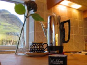 un mostrador de cocina con un jarrón con una flor. en Guesthouse Kálfafellsstadur, en Kálfafellsstaður