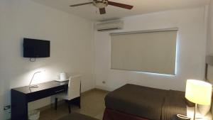 een slaapkamer met een bed, een bureau en een televisie bij Hotel Brandts Ejecutivo Los Robles in Managua