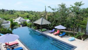 an image of a swimming pool with chairs and umbrellas at Umah CinCin in Canggu