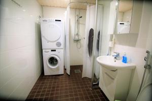 a bathroom with a washing machine and a sink at Apartment City-Pekka in Rovaniemi +5 photos