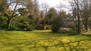 un patio con una casa en el fondo con árboles en Orchard Pond Bed & Breakfast en Duxford