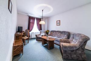 ein Wohnzimmer mit einem Sofa, Stühlen und einem Tisch in der Unterkunft Valašský Hotel a Pivní lázně OGAR in Luhačovice